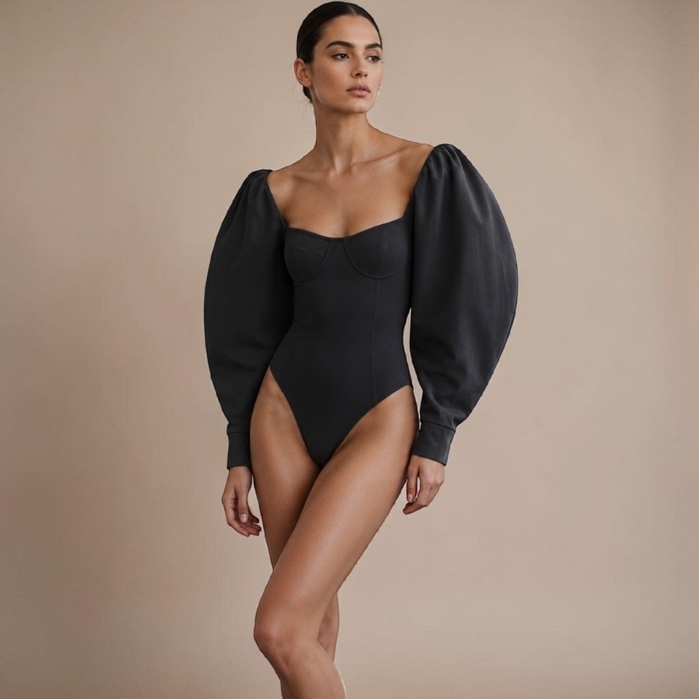 Zara Puff Sleeve Ribbed Bodysuit Black Sz S